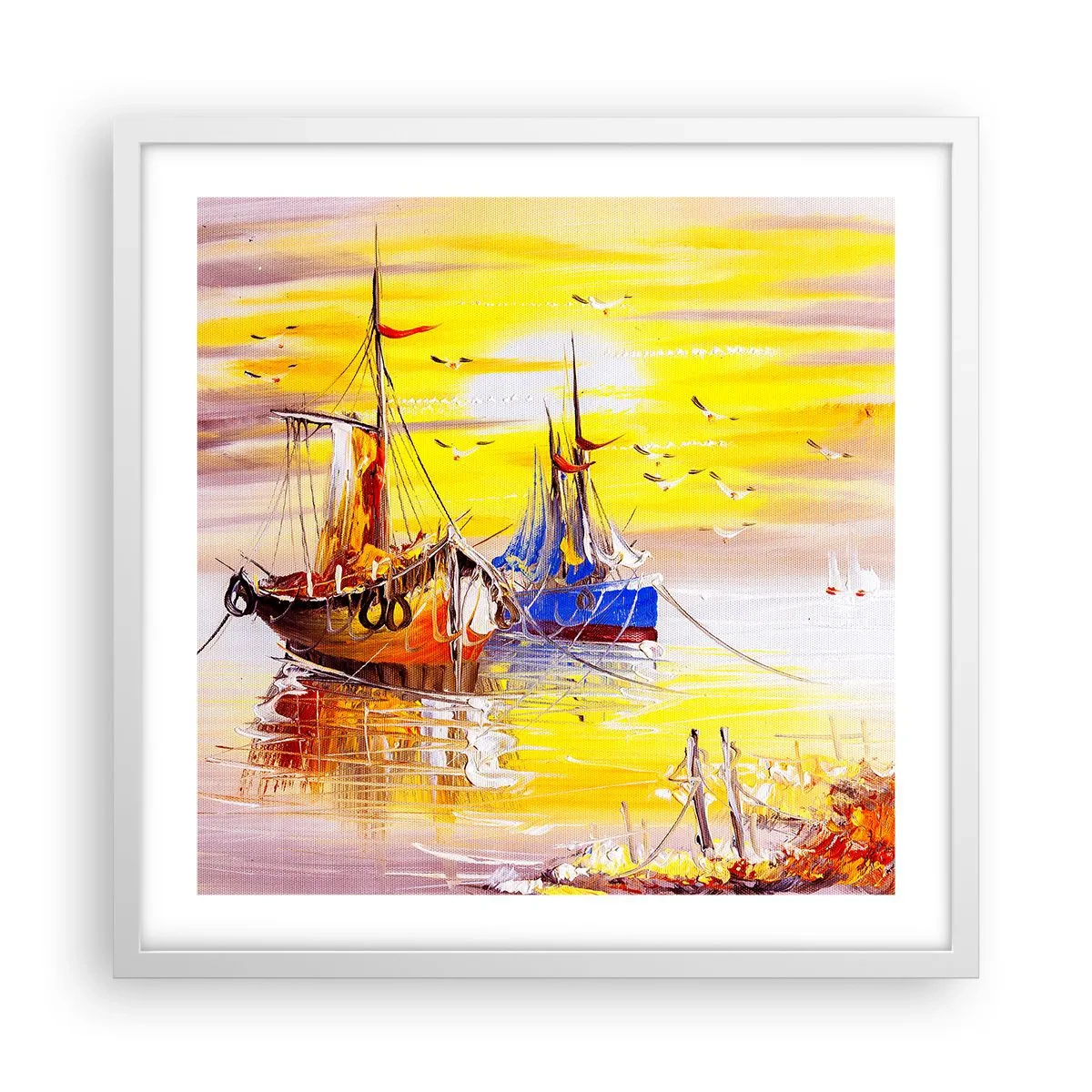 Affisch i vit ram - Välförtjänt vila i hamnen - 50x50 cm