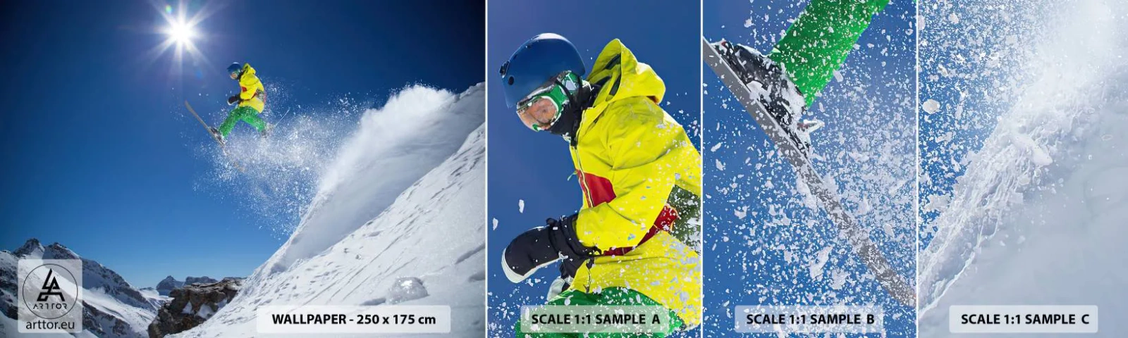 Provbit av självhäftande fototapet Deluxe Sticker - Dansar med fjällen - Sport, Skidåkning, Vinter - 100x30 cm