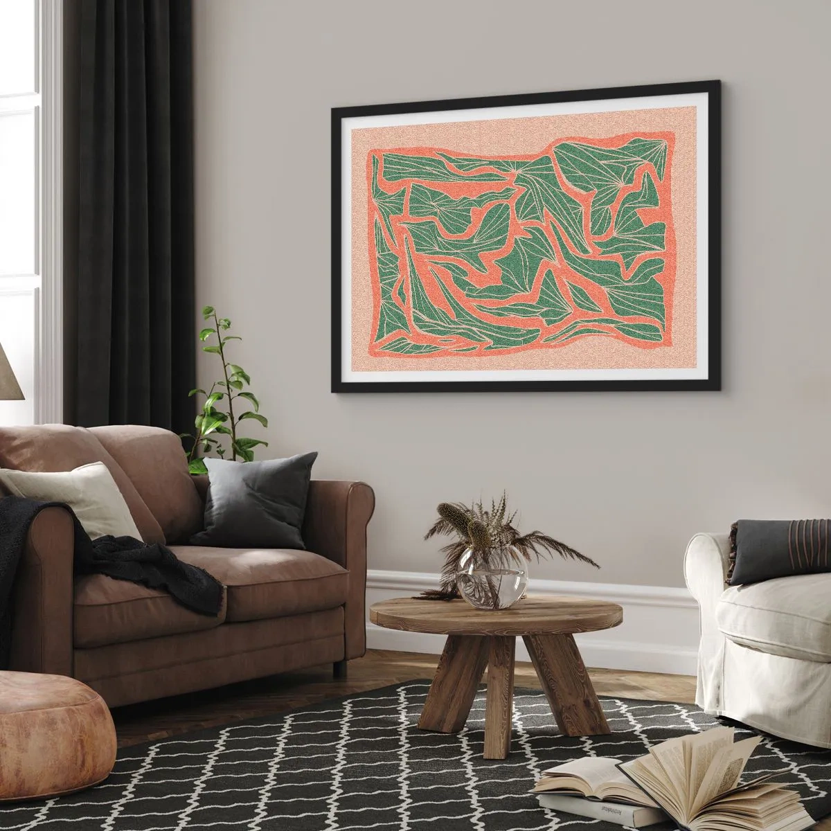 Affisch i svart ram - En kamp mellan korall och grönt - 70x50 cm