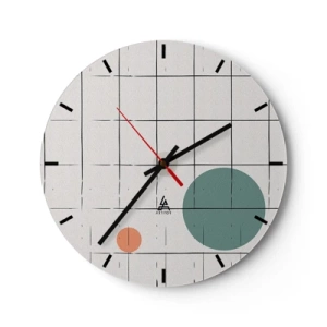 Väggklocka - Klocka på glas - Ett rutnät av vertikaler och horisontella linjer med färgade cirklar i bakgrunden - 30x30cm - Fångade. Vi eller de? - Modern väggdekoration för vardagsrum, kök och sovrum ARTTOR