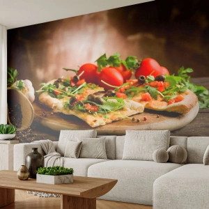 Fototapet Premium Canvas - Direkt från ugnen och trädgården - Gastronomi, Pizza, Italien - 450x315 cm