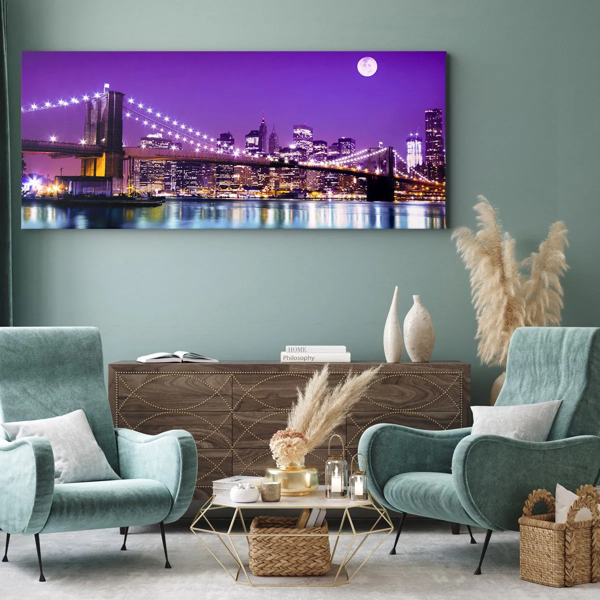 Canvastavla - Bild på duk - Storstadens ljus i violett - 100x40 cm