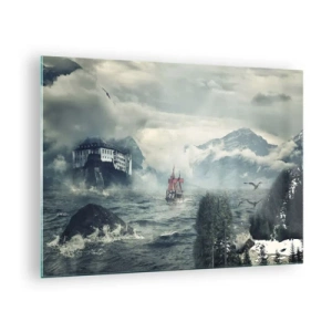 Glastavla - Bild på glas - Ett skepp på ett stormigt hav med ett slott i bakgrunden - 70x50cm - På magiska vatten - Modern väggdekoration för vardagsrum och sovrum ARTTOR