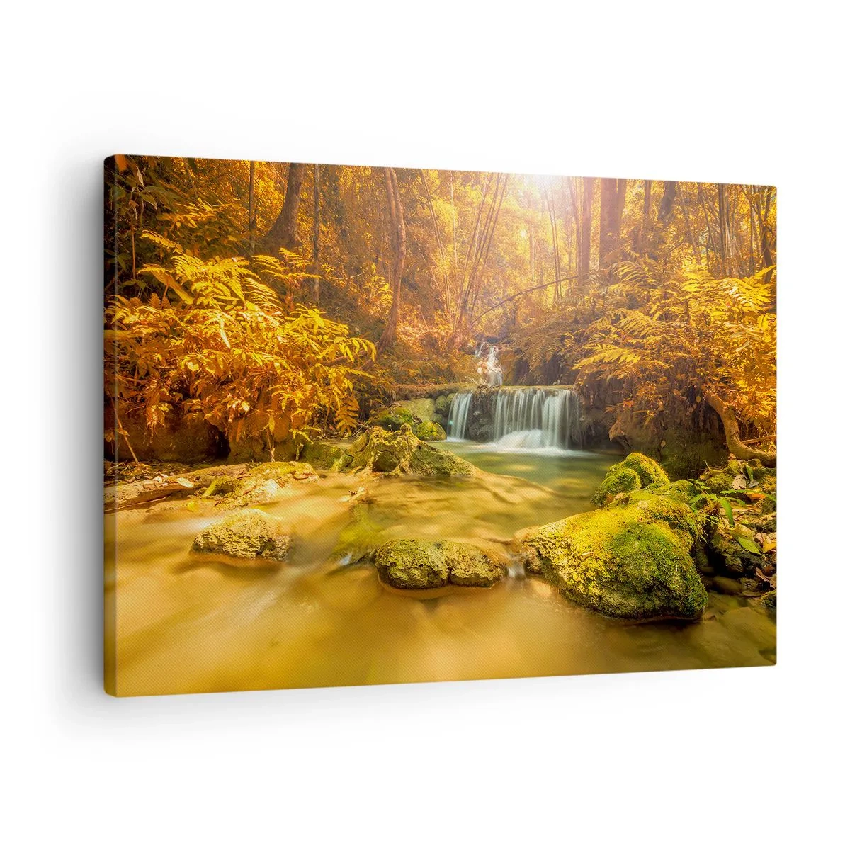 Canvastavla - Bild på duk - Ett gyllene vattenfall i en höstskog omgiven av grönska - 70x50cm - Skogkaskad i gult - Modern väggdekoration för vardagsrum och sovrum ARTTOR