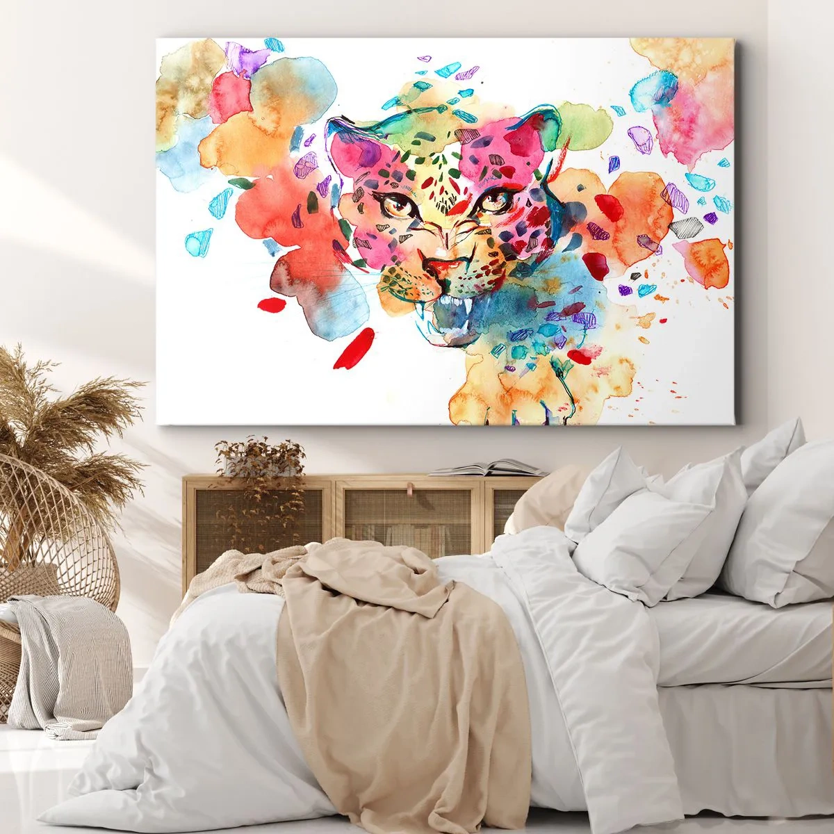 Canvastavla - Bild på duk - Abstrakt porträtt av en leopard i intensiva färger - 70x50cm - Skönheten och odjuret - Modern väggdekoration för vardagsrum och sovrum ARTTOR