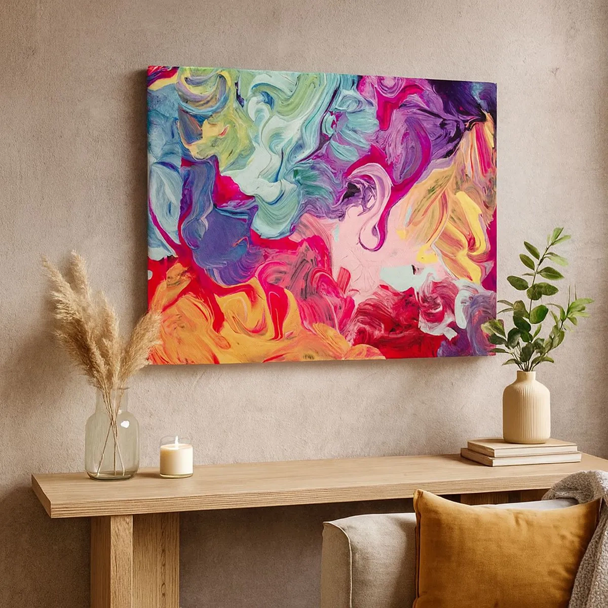 Canvastavla - Bild på duk - En abstrakt komposition med livfulla, virvlande färger och en dynamisk struktur. - 70x50cm - Färgerna föds - Modern väggdekoration för vardagsrum och sovrum ARTTOR