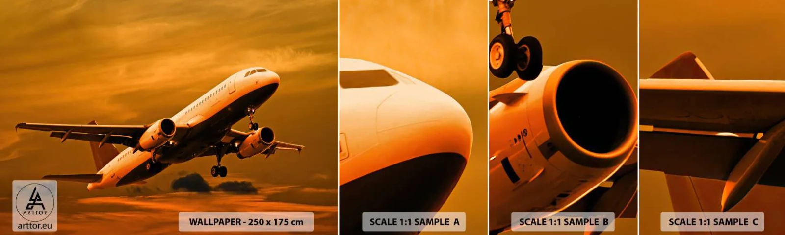 Provbit av självhäftande fototapet Deluxe Sticker - Flyga mot solen - Plan, Resa, Solnedgång - 100x30 cm