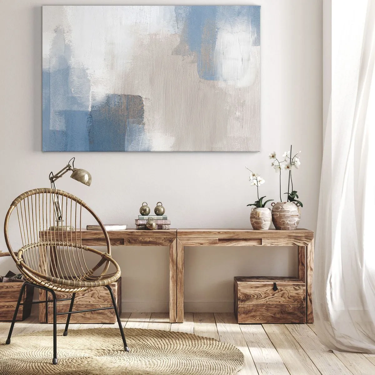 Canvastavla - Bild på duk - Rosa abstraktion bakom en blå slöja - 70x50 cm