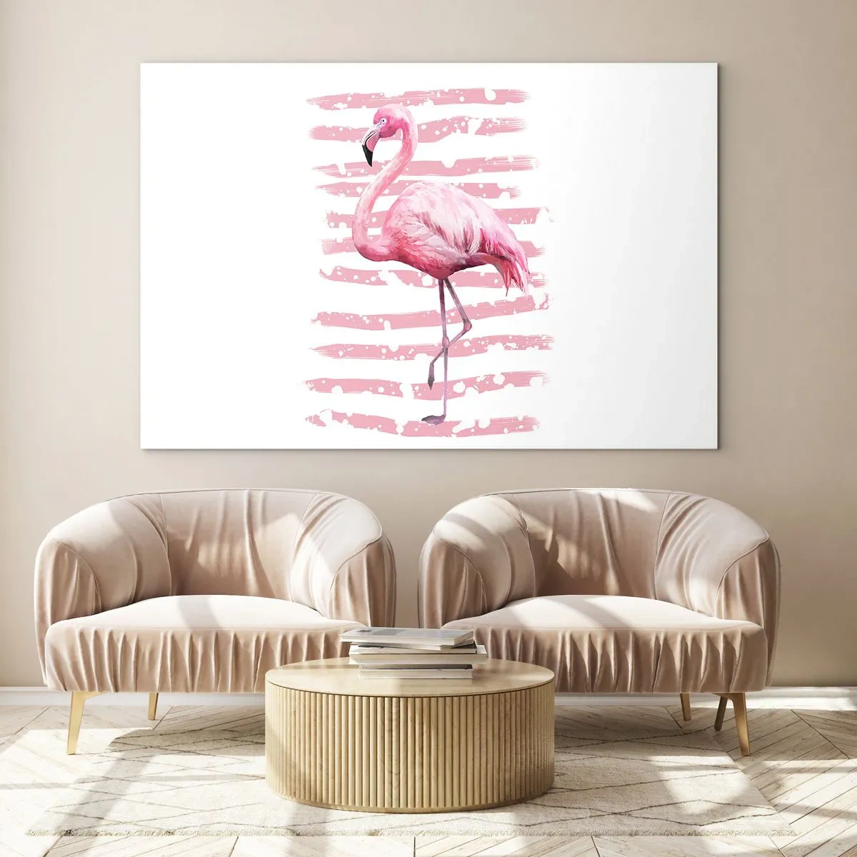 Glastavla - Bild på glas - En rosa flamingo mot en bakgrund av konstnärliga rosa ränder. - 70x50cm - Med värdighet trots i rosa färg - Modern väggdekoration för vardagsrum och sovrum ARTTOR
