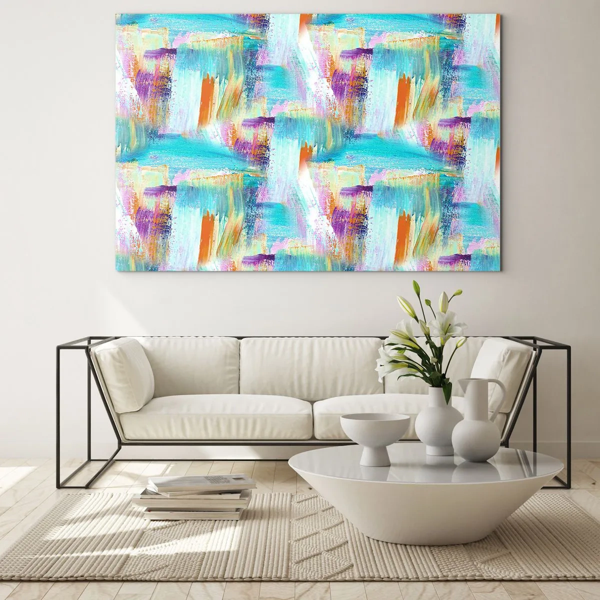 Glastavla - Bild på glas - Färgglad abstraktion med penseldrag i pastell och livfulla färger. - 70x50cm - Glatt klotter - Modern väggdekoration för vardagsrum och sovrum ARTTOR