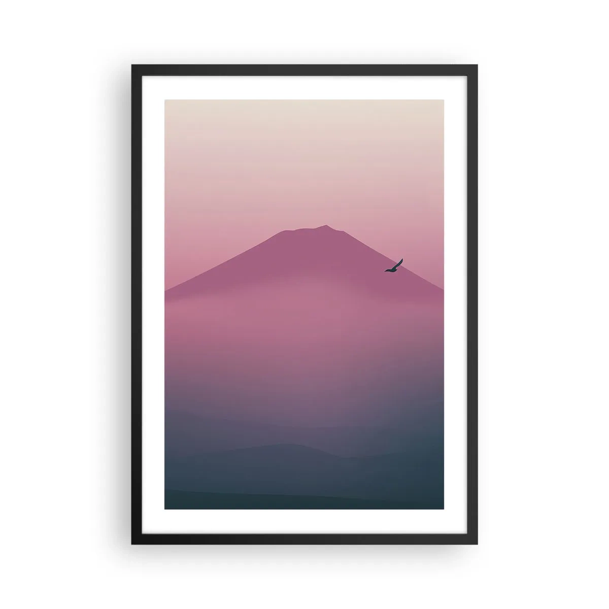 Affisch i svart ram - Ett minimalistiskt bergslandskap i nyanser av rosa och lila - 50x70cm - Vandrare över molnen - Modern väggdekoration för vardagsrum och sovrum ARTTOR