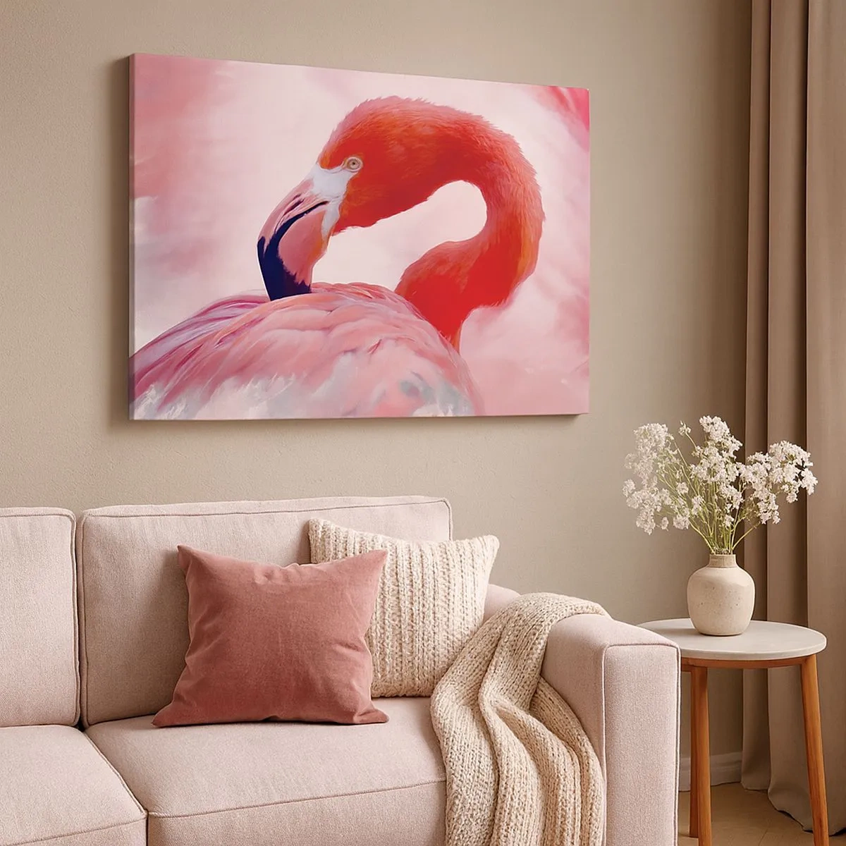 Canvastavla - Bild på duk - En flamingo i rosa toner mot en ljus bakgrund - 70x50cm - Fågelns skönhet - Modern väggdekoration för vardagsrum och sovrum ARTTOR