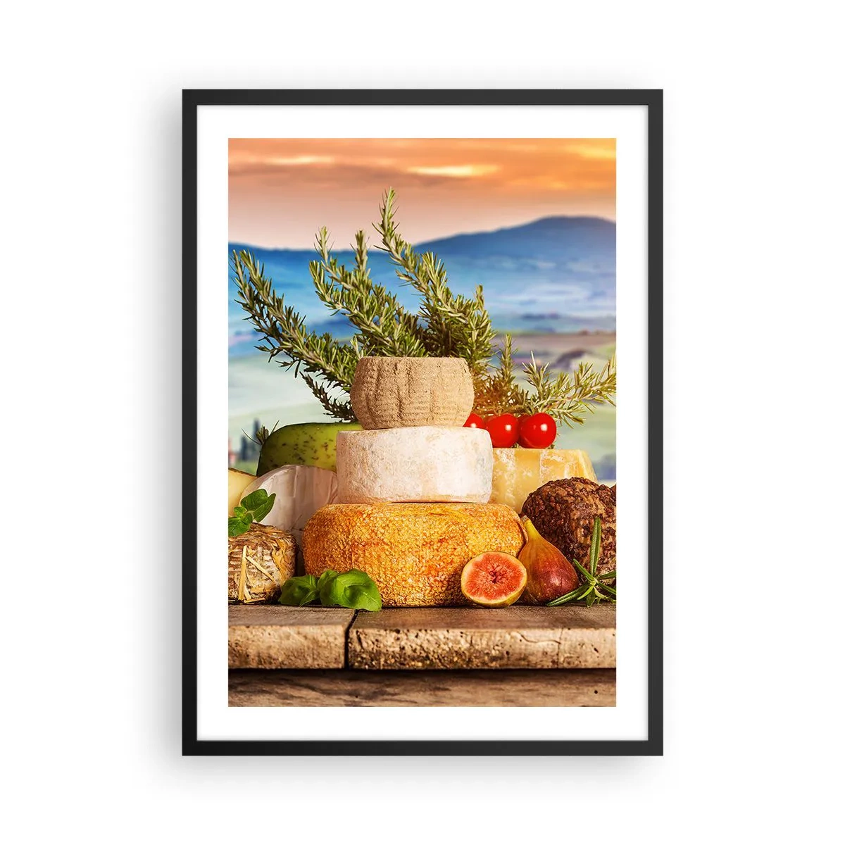 Affisch i svart ram - Rustik hög med ostar mot en landskapsbakgrund - 50x70cm - Italiensk livsglädje - Modern väggdekoration för vardagsrum och sovrum ARTTOR