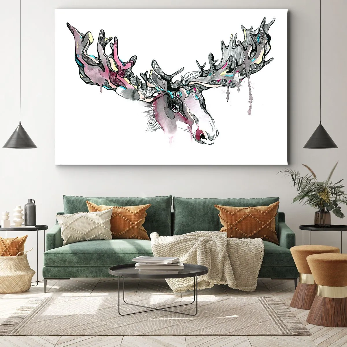 Canvastavla - Bild på duk - Konstnärlig akvarell av en älg med rika horn - 70x50cm - Skogskungens krona - Modern väggdekoration för vardagsrum och sovrum ARTTOR