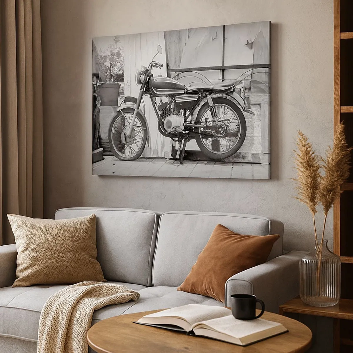 Canvastavla - Bild på duk - Svartvitt foto av en klassisk motorcykel - 70x50cm - Klassik framför allt - Modern väggdekoration för vardagsrum och sovrum ARTTOR