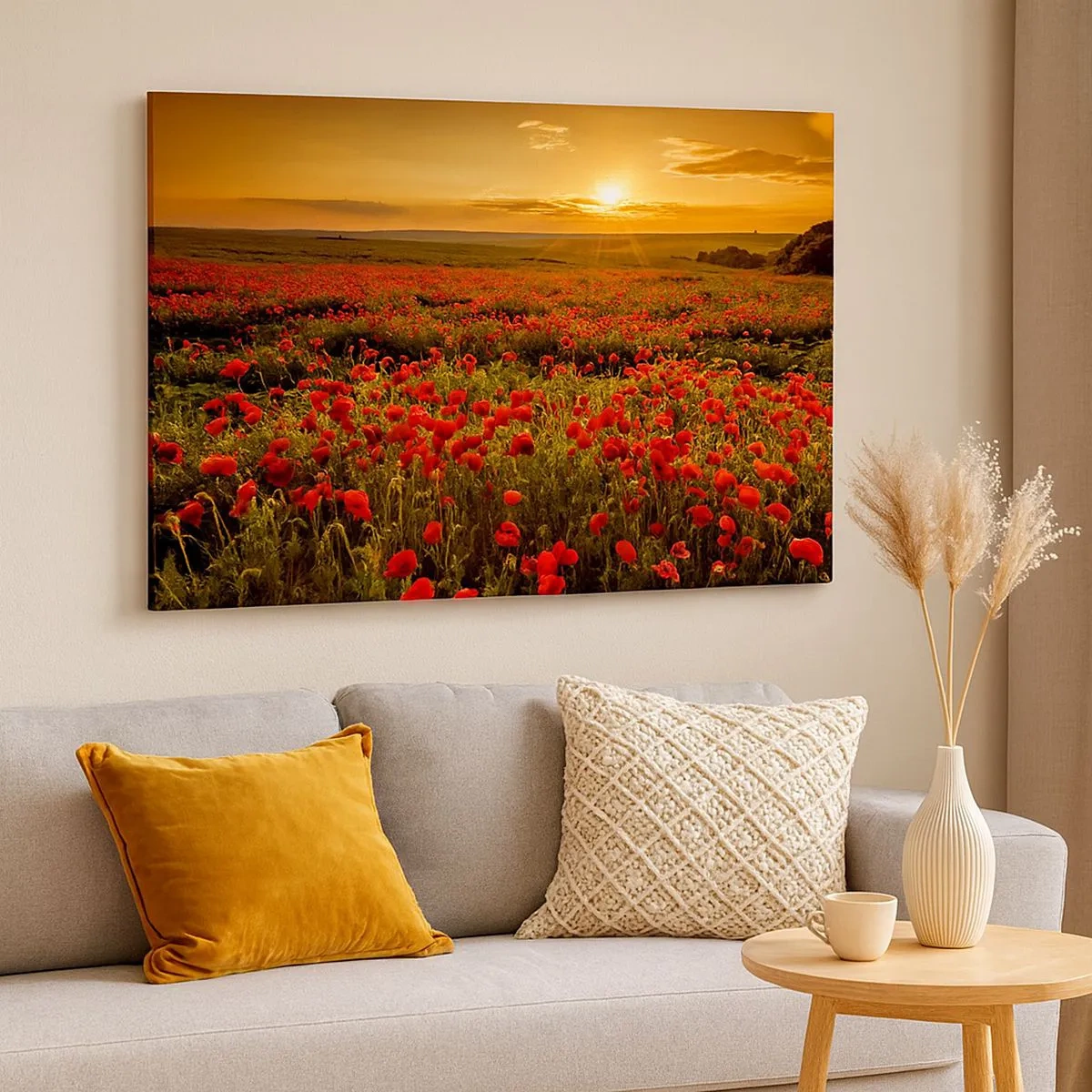 Canvastavla - Bild på duk - Ett fält av röda vallmoblommor i skenet av den nedgående solen - 70x50cm - Bland brusande ängars vågor, bland blommornas flod - Modern väggdekoration för vardagsrum och sovrum ARTTOR