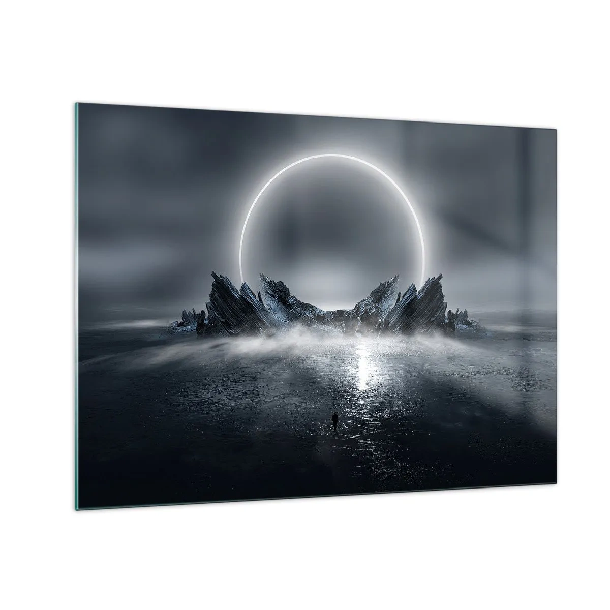 Glastavla - Bild på glas - Mörk scen med förmörkelse och klippö - 70x50cm - En berättelses final - Modern väggdekoration för vardagsrum och sovrum ARTTOR