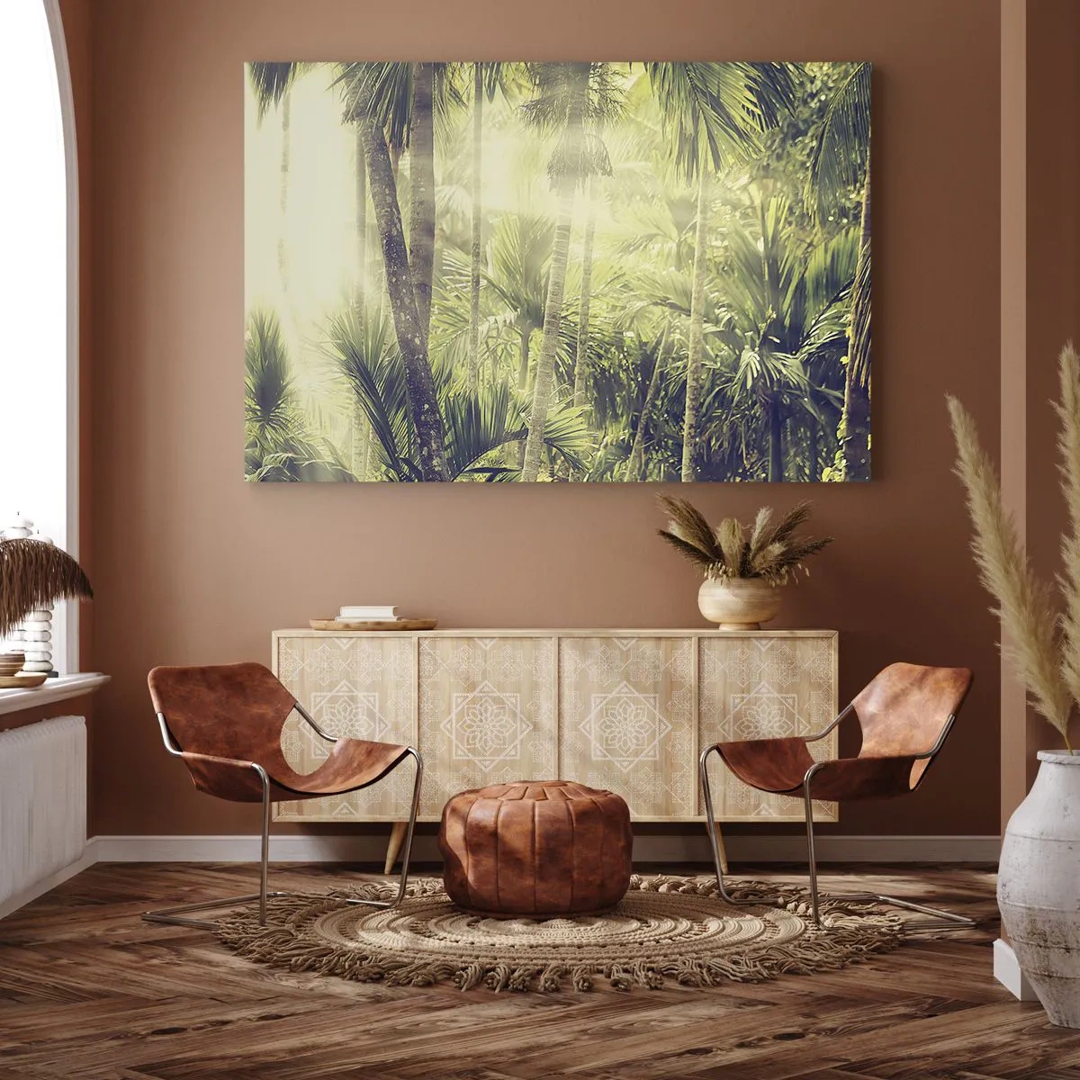 Canvastavla - Bild på duk - Solstrålar i en tropisk palmskog - 70x50cm - I gröna glöden - Modern väggdekoration för vardagsrum och sovrum ARTTOR