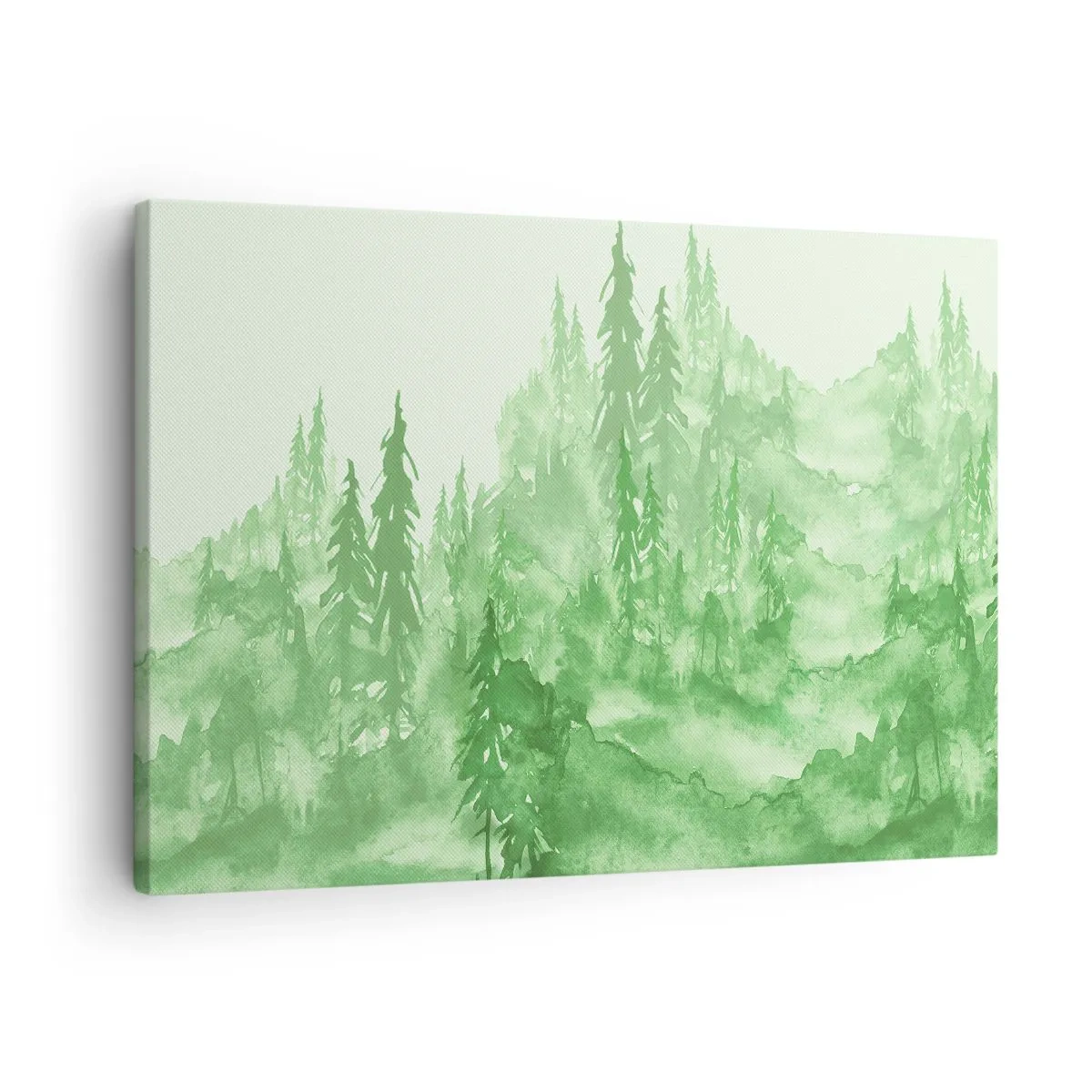 Canvastavla - Bild på duk - Grön skog i akvarellstil på en ljus bakgrund - 70x50cm - Suddig i grön dimma - Modern väggdekoration för vardagsrum och sovrum ARTTOR