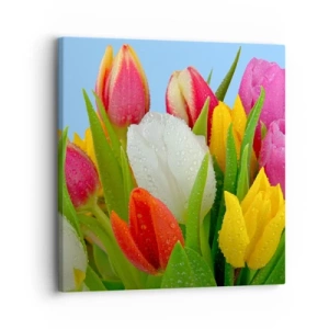 Canvastavla - Bild på duk - blommig regnbåge i daggdroppar - 30x30 cm
