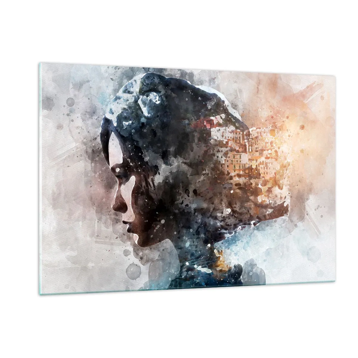 Glastavla - Bild på glas - Berättelse om en tjej med en stad i bakgrunden - 120x80 cm