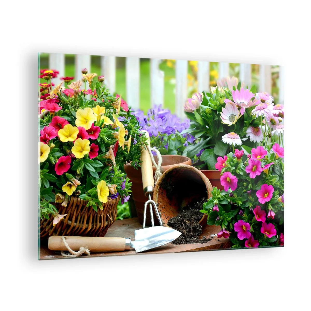 Glastavla - Bild på glas - Färgglada blommor i krukor med trädgårdsredskap - 70x50cm - Sofias lilla trädgård - Modern väggdekoration för vardagsrum och sovrum ARTTOR