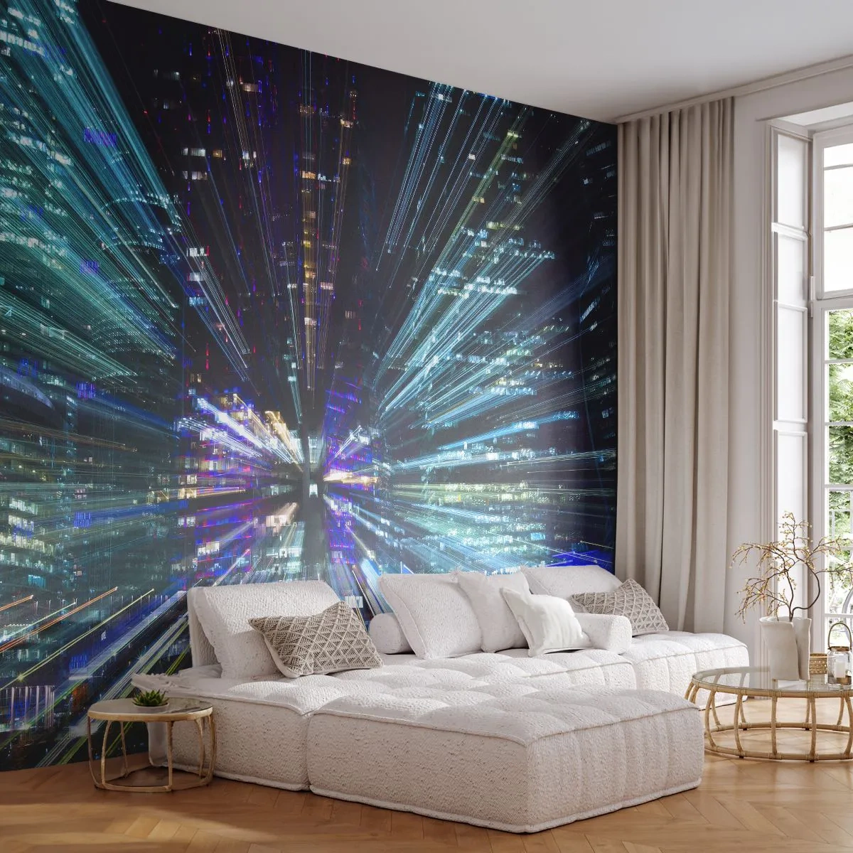 Självhäftande Fototapet Deluxe Sticker - Övergång till hyperrymden - Abstraktion, Stad, Grafik - 250x175 cm