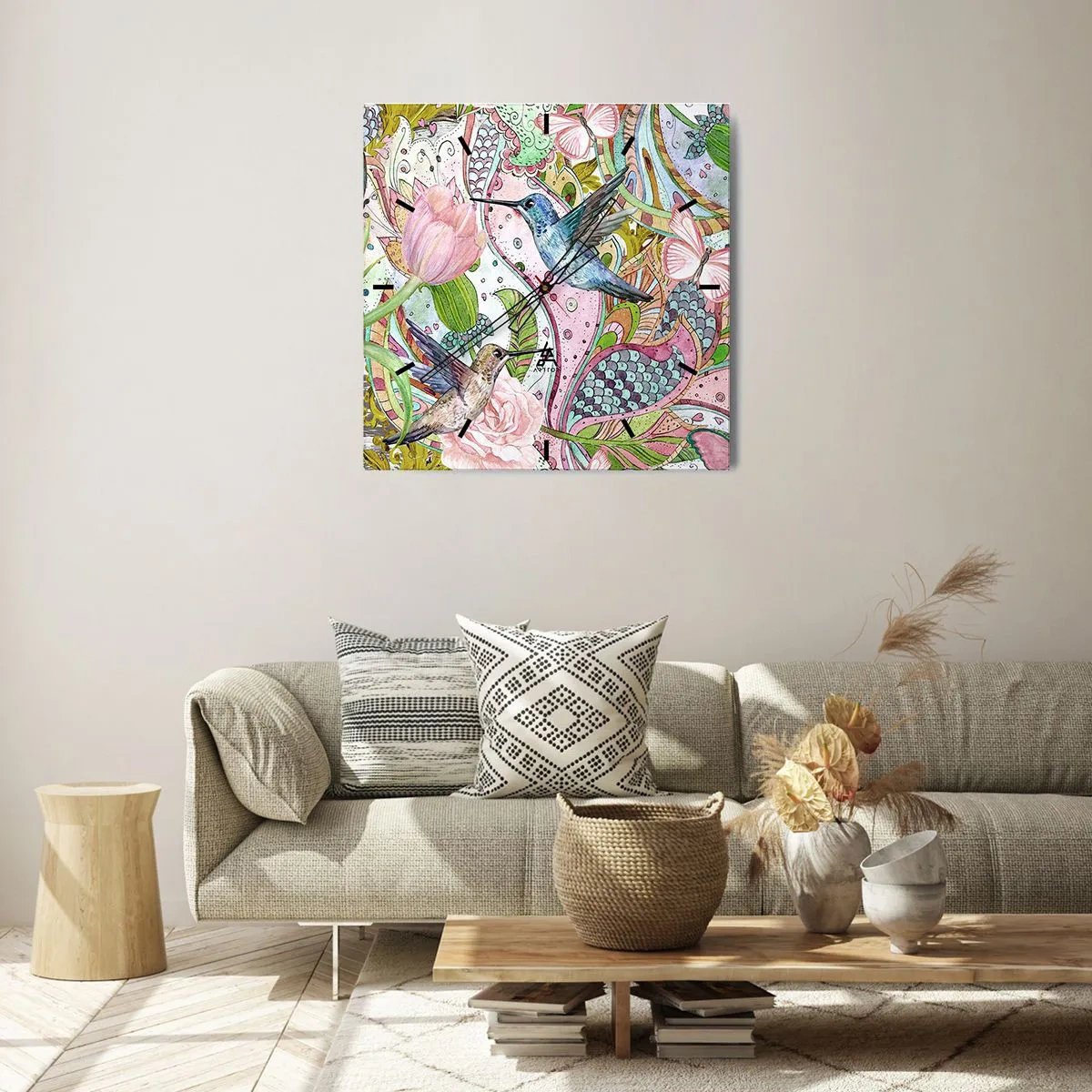 Väggklocka - Klocka på glas - Inbäddade i klätterväxter - 40x40 cm