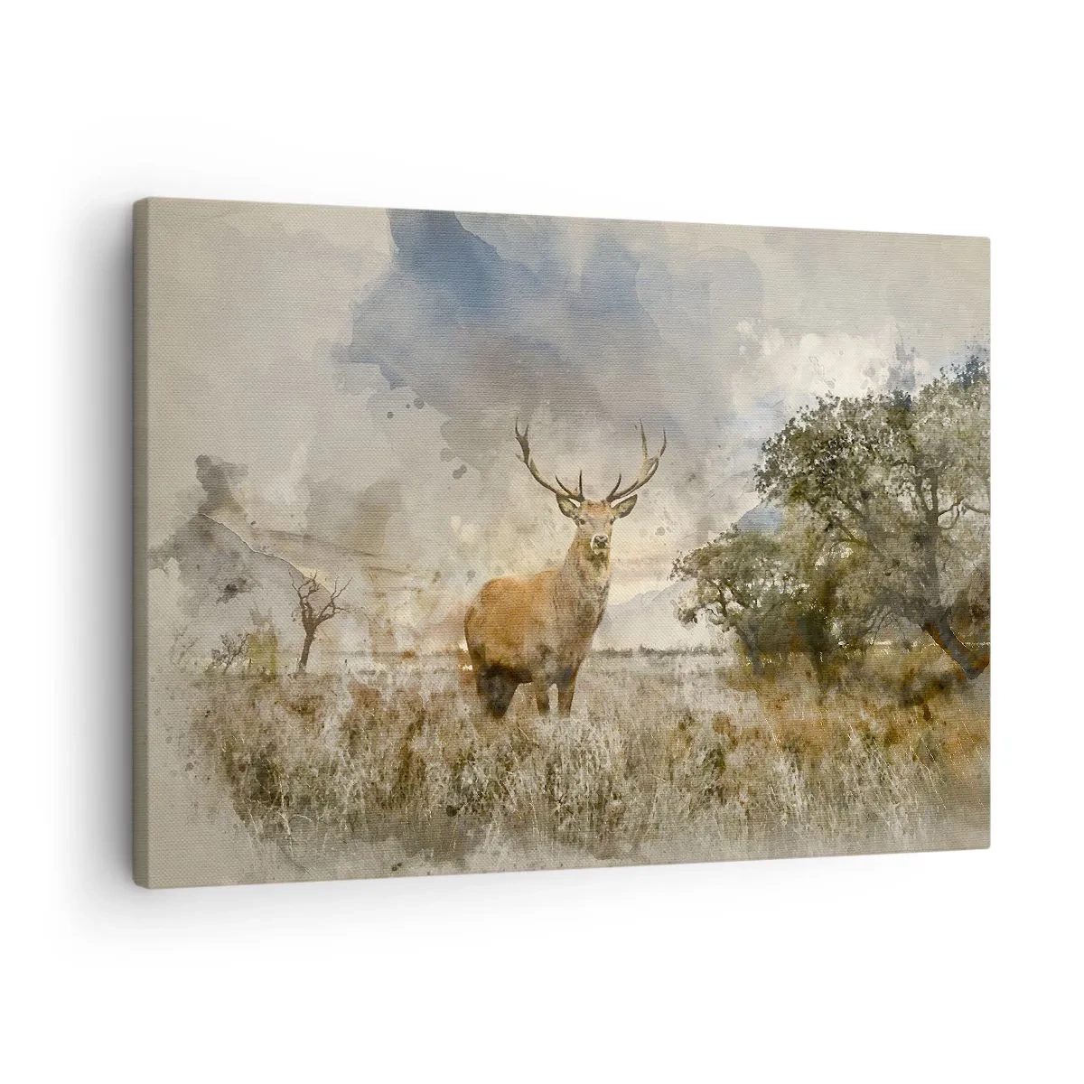 Canvastavla - Bild på duk - En hjort i en naturlig miljö i akvarellstil - 70x50cm - Värdighet - styrka - dignitet - Modern väggdekoration för vardagsrum och sovrum ARTTOR