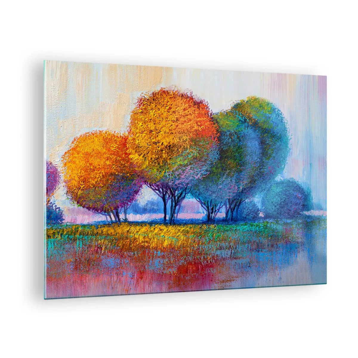 Glastavla - Bild på glas - Färgglada träd i höstfärger mot en blå himmel - 70x50cm - Glad färgbukett - Modern väggdekoration för vardagsrum och sovrum ARTTOR