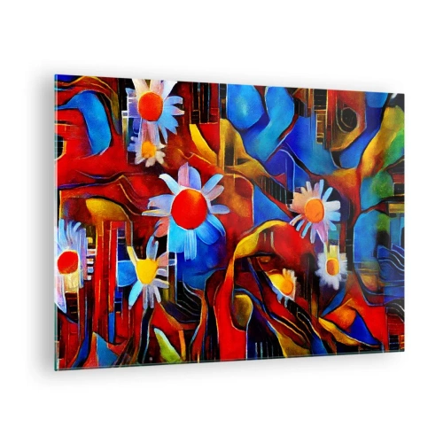 Glastavla - Bild på glas - Färgglada abstrakta blommor mot en bakgrund av intensiva färger - 70x50cm - Livets färger - Modern väggdekoration för vardagsrum och sovrum ARTTOR