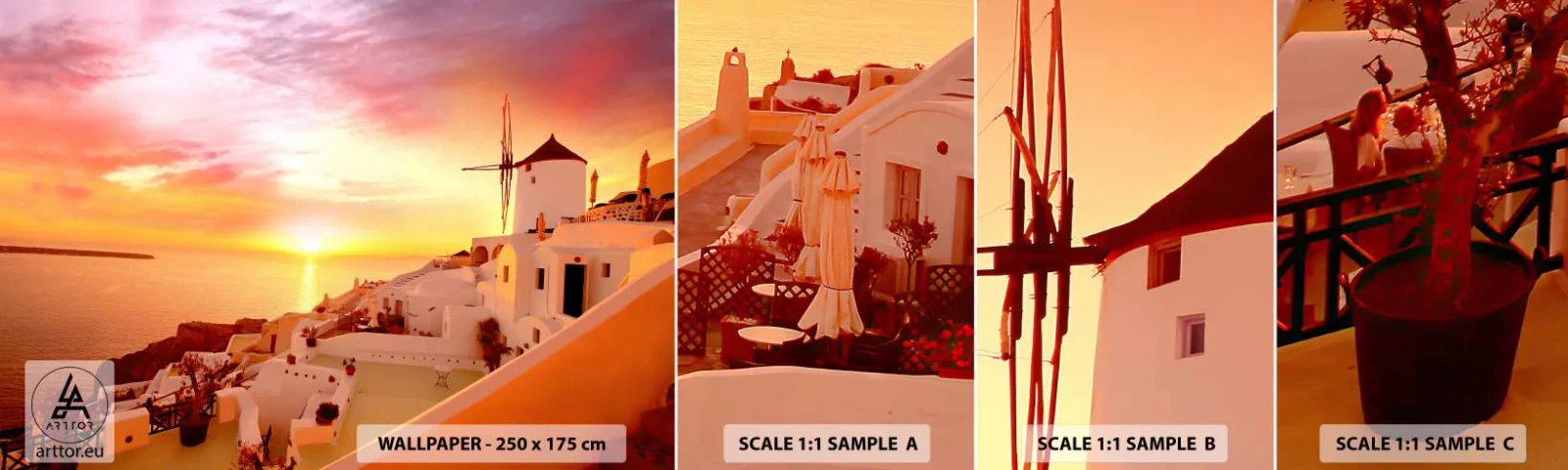 Fototapet Prov Standard Eco - Smälta sig in i vitt och guld - Landskap, Santorini, Grekland - 100x30 cm