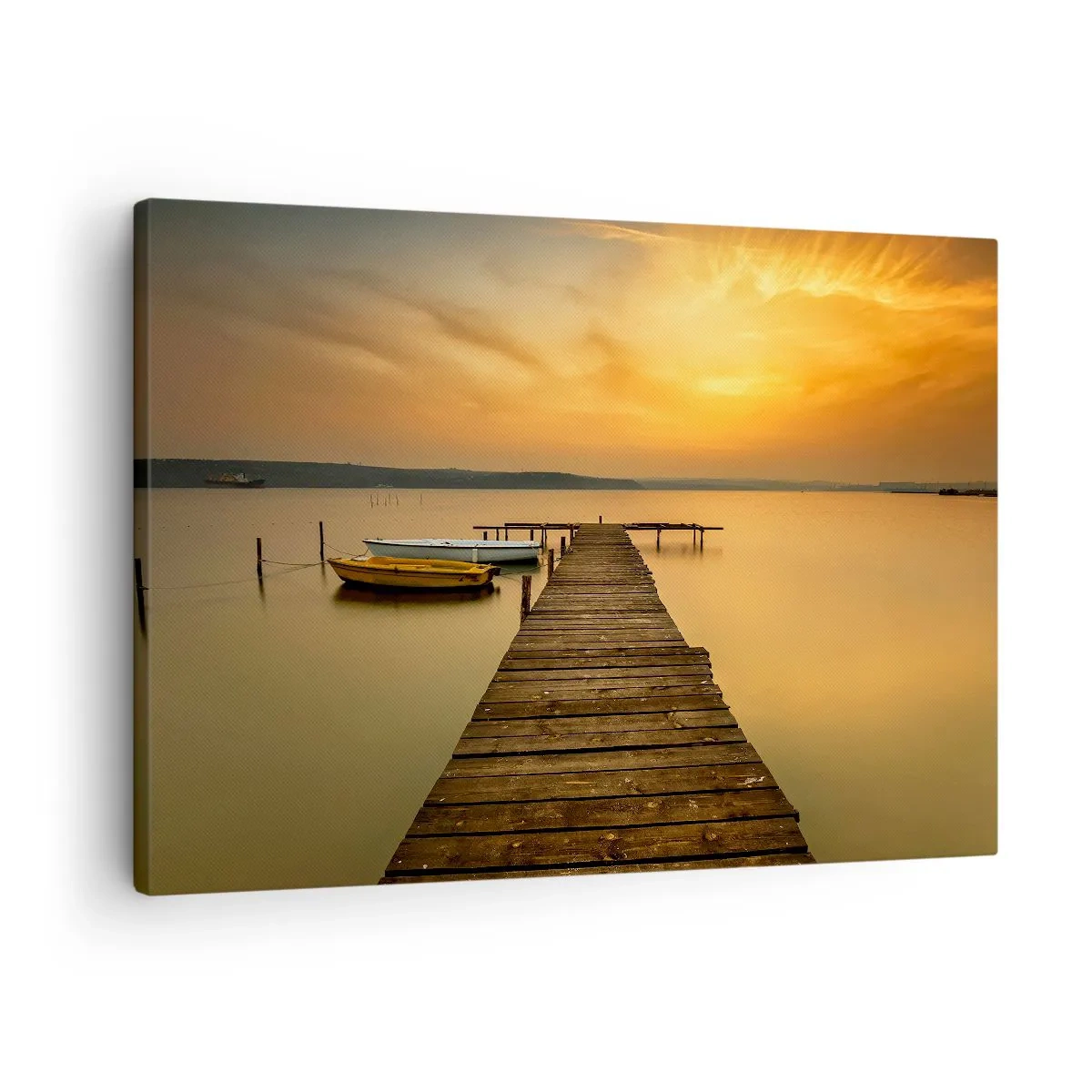 Canvastavla - Bild på duk - Träbrygga och båtar på sjön vid solnedgången - 70x50cm - Jag öppnar guldhimmel för dig - Modern väggdekoration för vardagsrum och sovrum ARTTOR