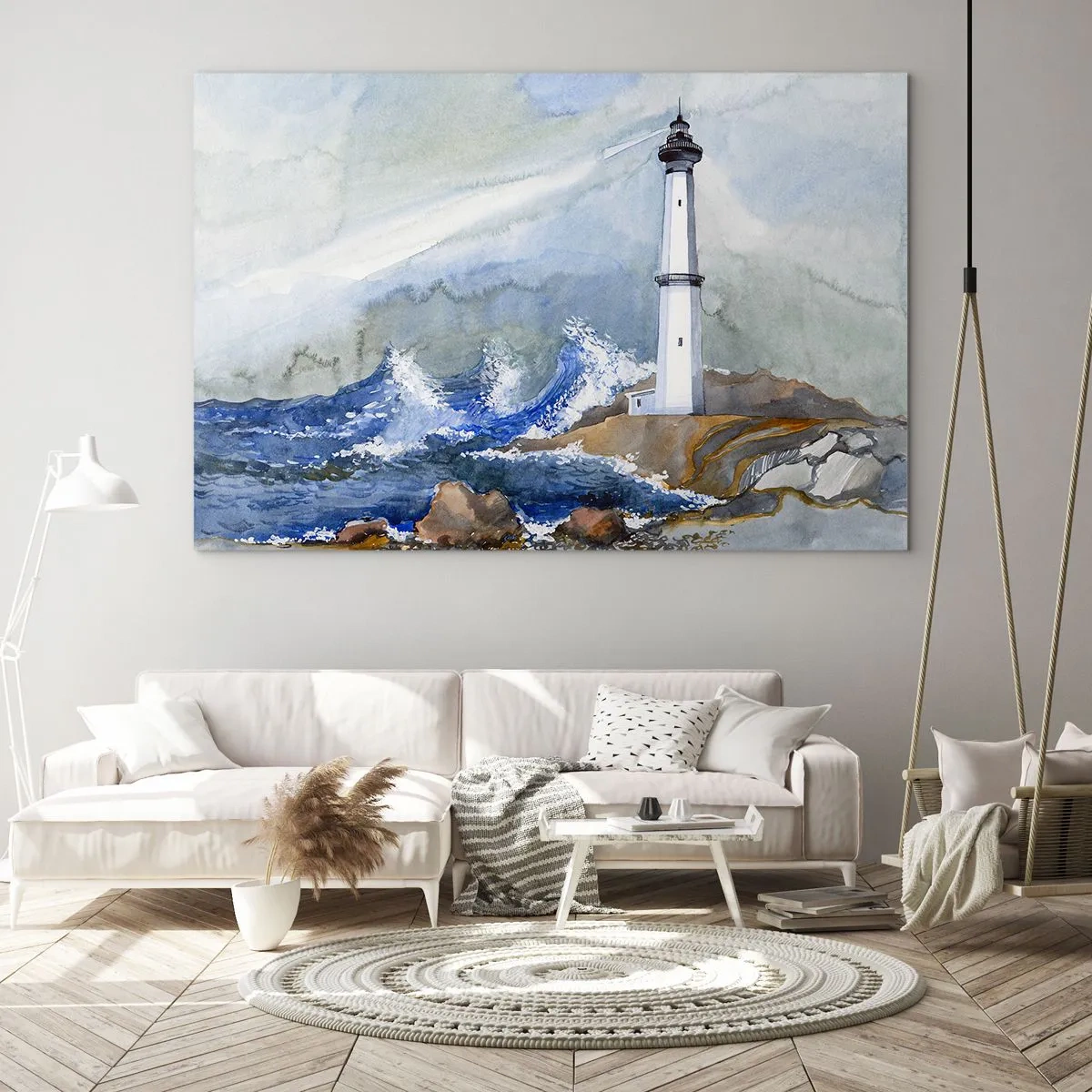 Glastavla - Bild på glas - En fyr vid ett stormigt hav i akvarellstil - 70x50cm - Mot mörkret och stormen - Modern väggdekoration för vardagsrum och sovrum ARTTOR