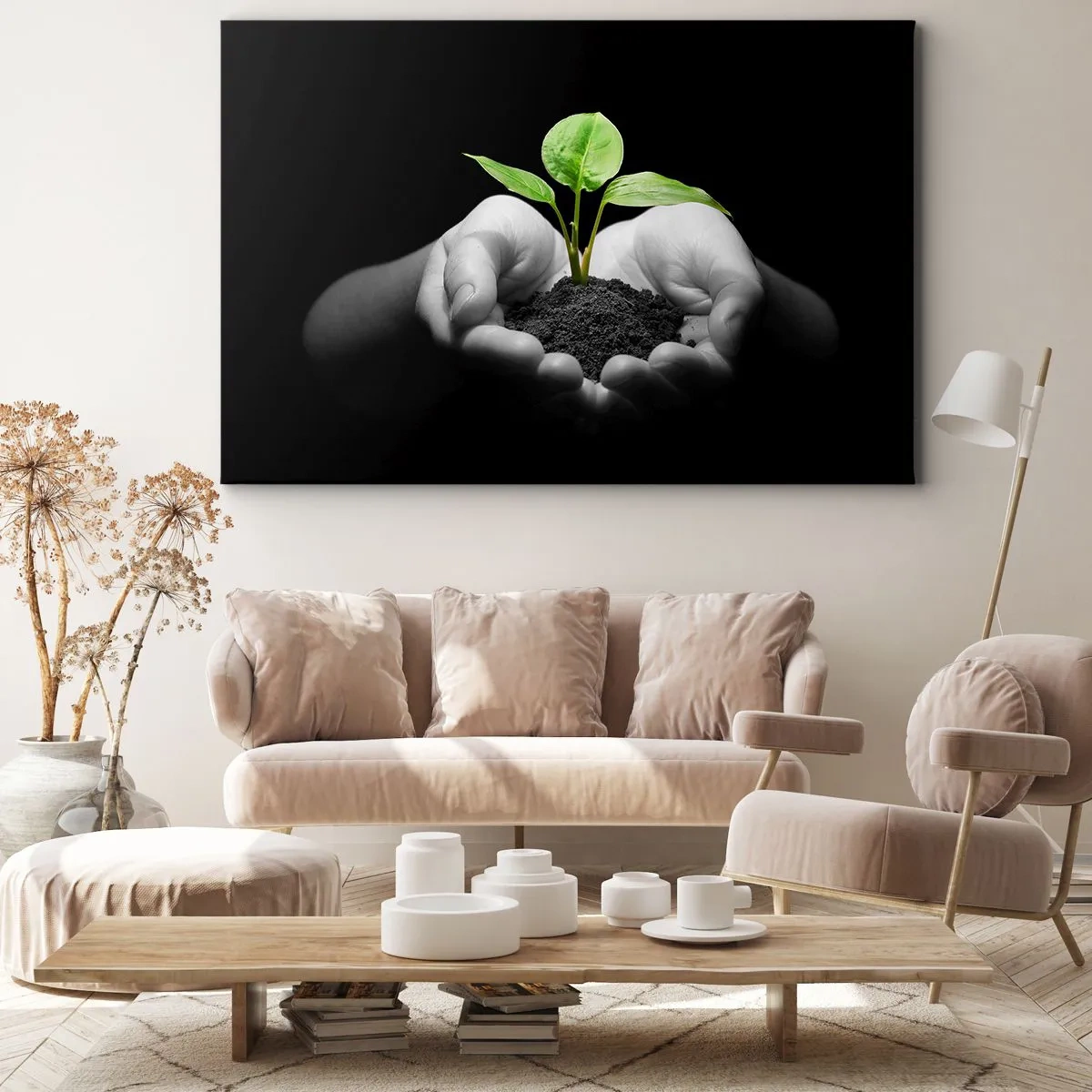 Canvastavla - Bild på duk - Händer som håller en grön växt på en svart bakgrund - 70x50cm - Jag älskar naturen och skyddar den - Modern väggdekoration för vardagsrum och sovrum ARTTOR