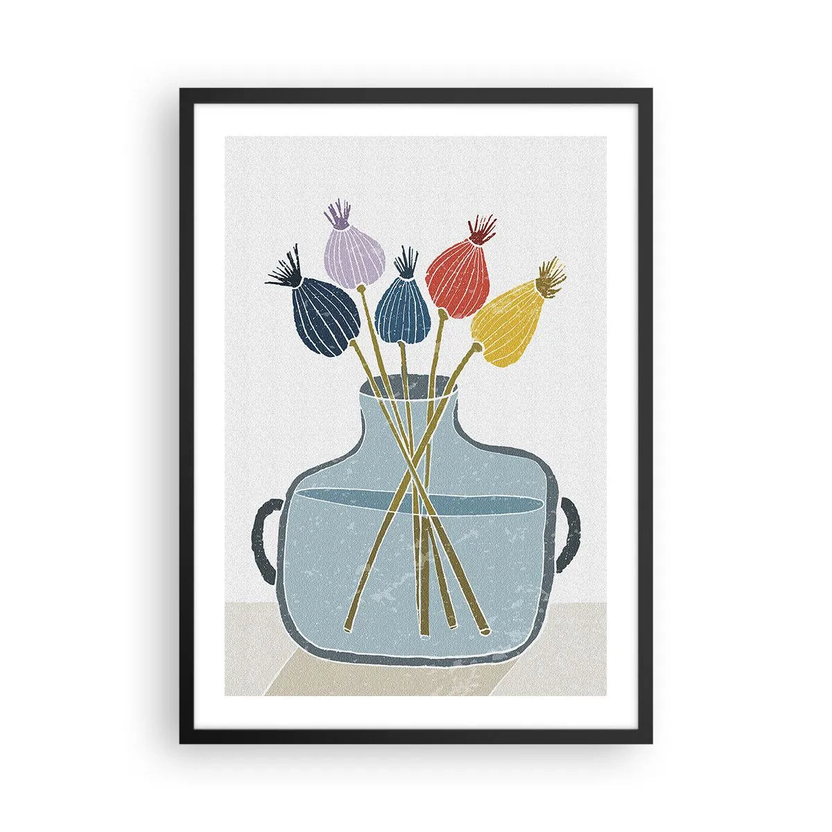 Affisch i svart ram - En minimalistisk komposition av vallmohuvuden i en glasvas - 50x70cm - Vallmovas - Modern väggdekoration för vardagsrum och sovrum ARTTOR
