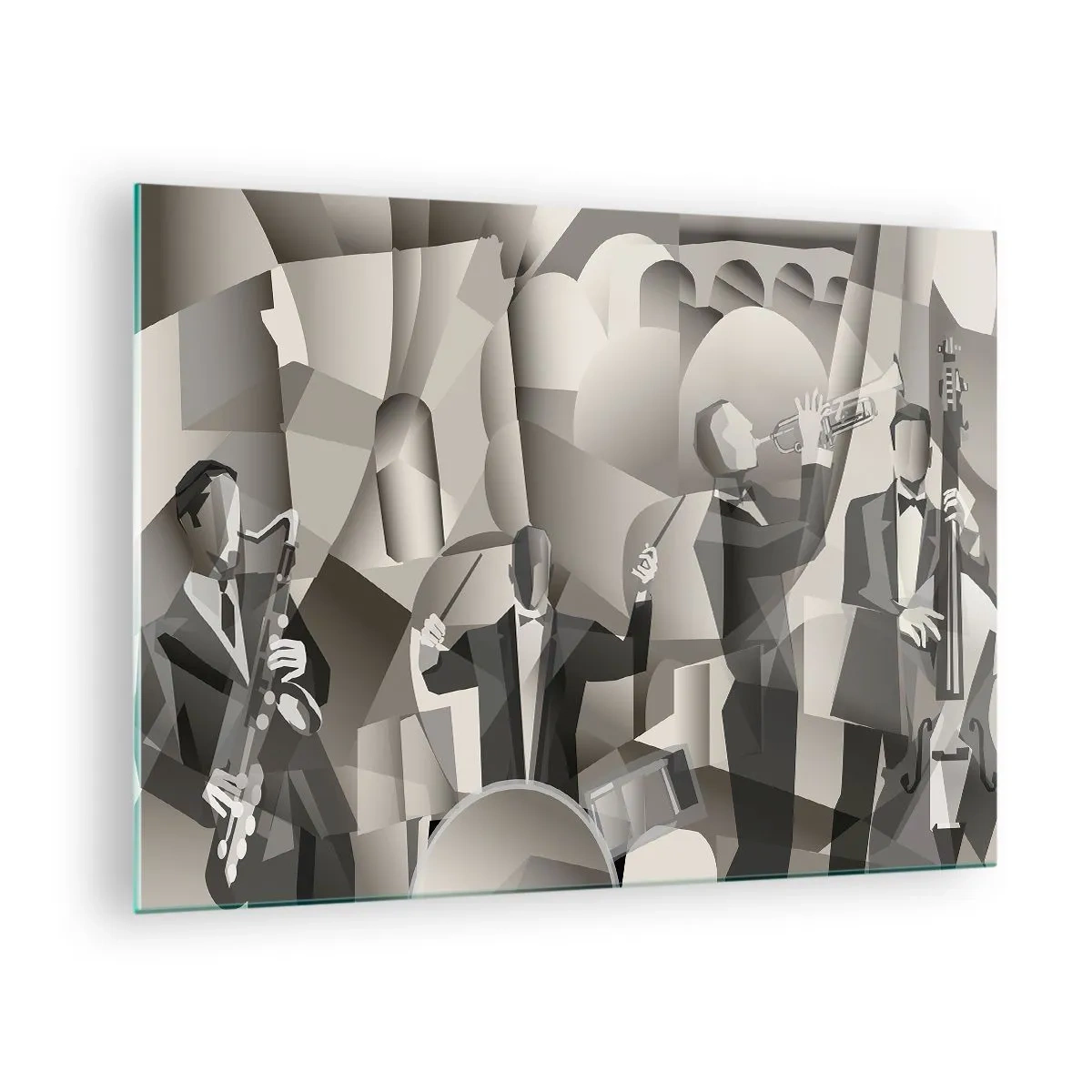 Glastavla - Bild på glas - Stiliserad jazzbandscen i monokromatiska toner - 70x50cm - I ljudrummet - Modern väggdekoration för vardagsrum och sovrum ARTTOR