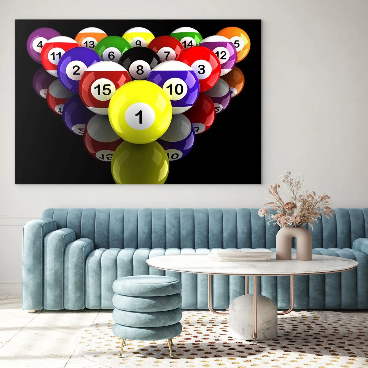 Glastavla - Bild på glas - Färgglada biljardbollar arrangerade på en svart bakgrund - 70x50cm - Olika spelfärger - Modern väggdekoration för vardagsrum och sovrum ARTTOR