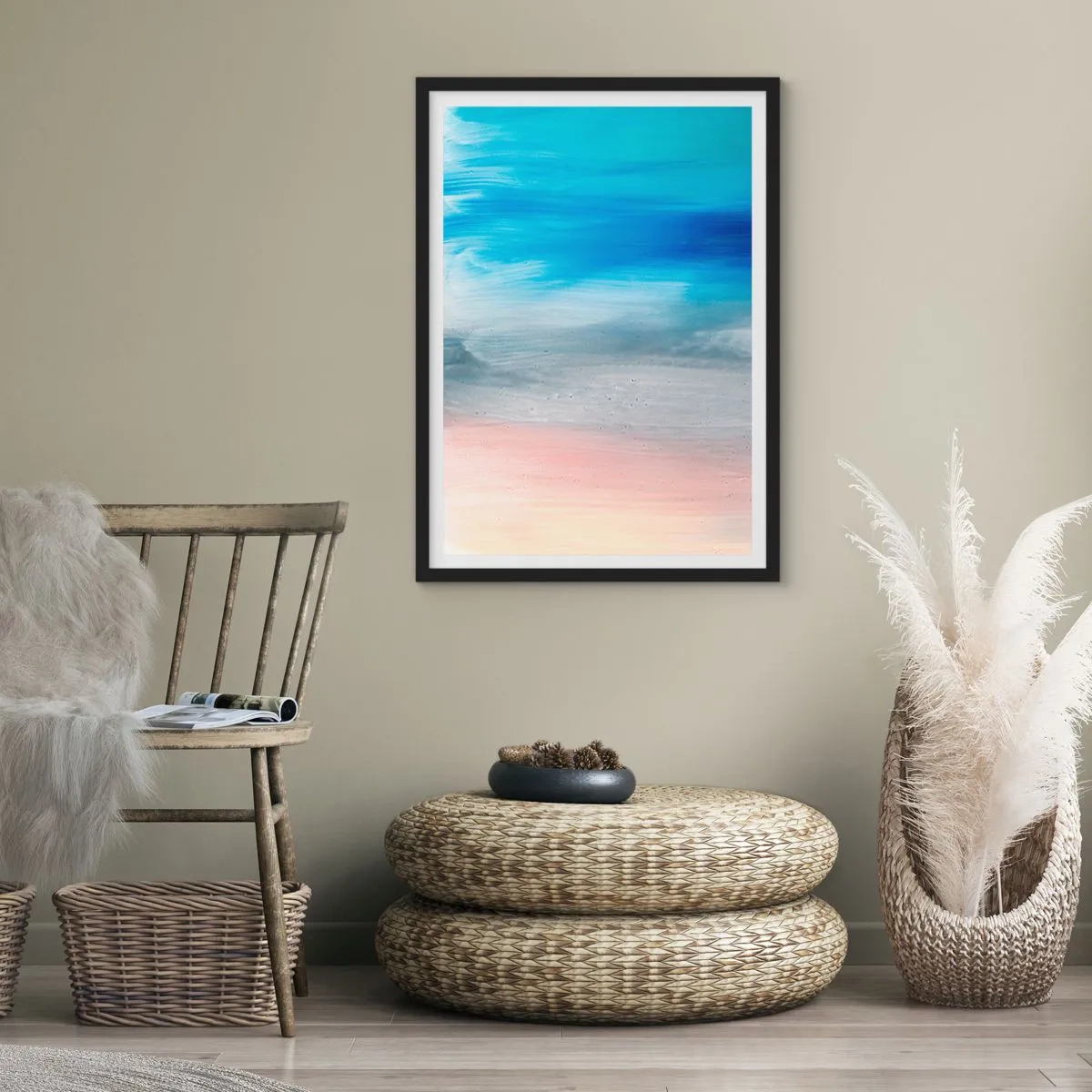 Affisch i svart ram - En abstrakt komposition i nyanser av blått, grått och beige. - 50x70cm - Element: luft - Modern väggdekoration för vardagsrum och sovrum ARTTOR