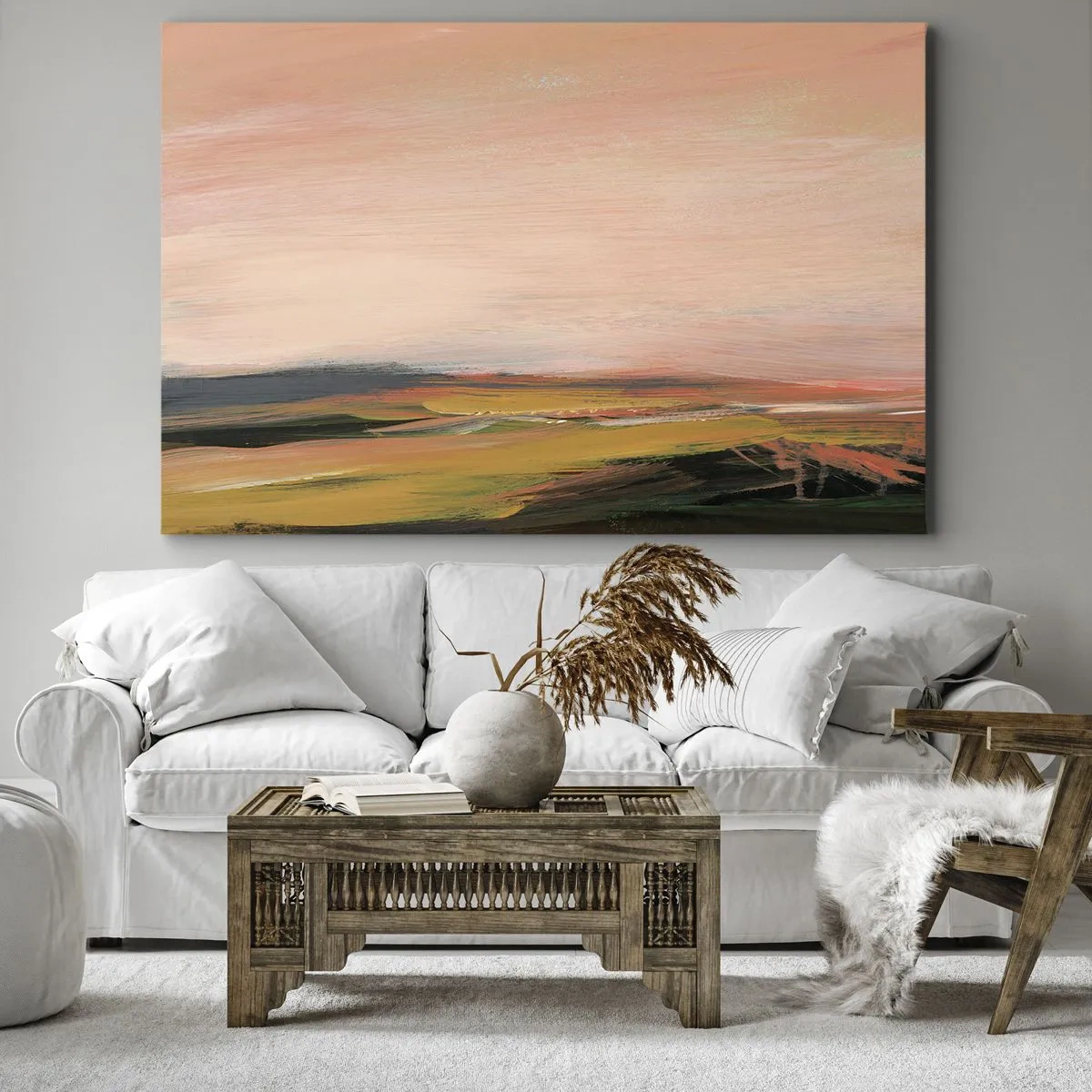 Canvastavla - Bild på duk - Ett landskap i nyanser av rosa och guld - 70x50cm - I rosa - Modern väggdekoration för vardagsrum och sovrum ARTTOR