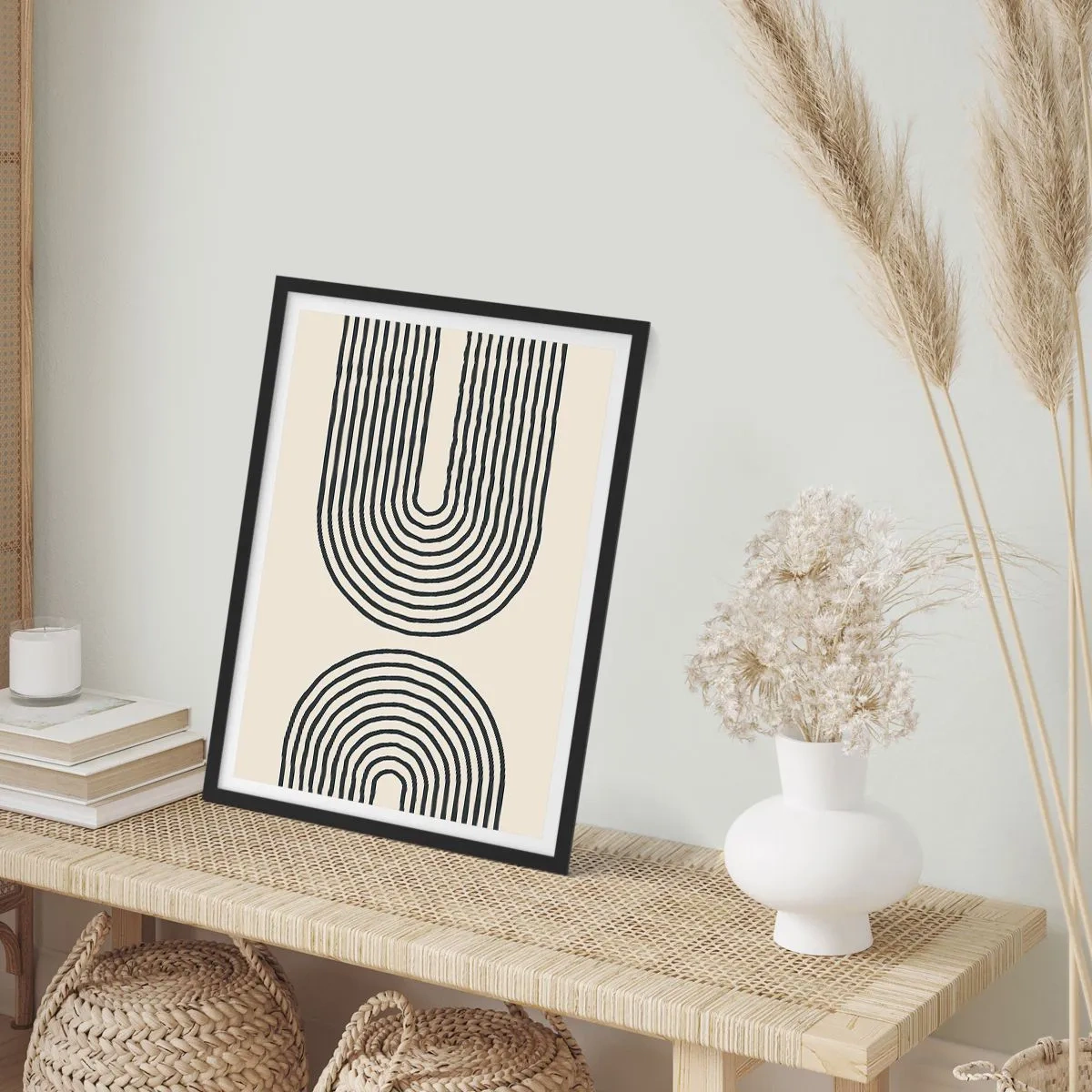 Affisch i svart ram - Ett abstrakt mönster med linjer som bildar symmetriska bågar i minimalistisk stil. - 50x70cm - Om en stund... - Modern väggdekoration för vardagsrum och sovrum ARTTOR