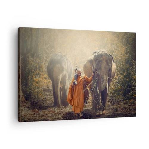 Canvastavla - Bild på duk - En munk i en orange mantel leder en elefant i skogen. - 70x50cm - Full förståelse - Modern väggdekoration för vardagsrum och sovrum ARTTOR
