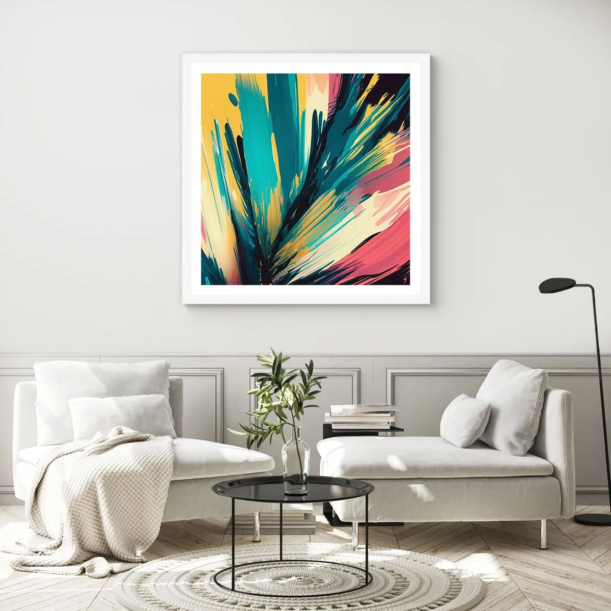Affisch i vit ram - Komposition - en explosion av glädje - 60x60 cm