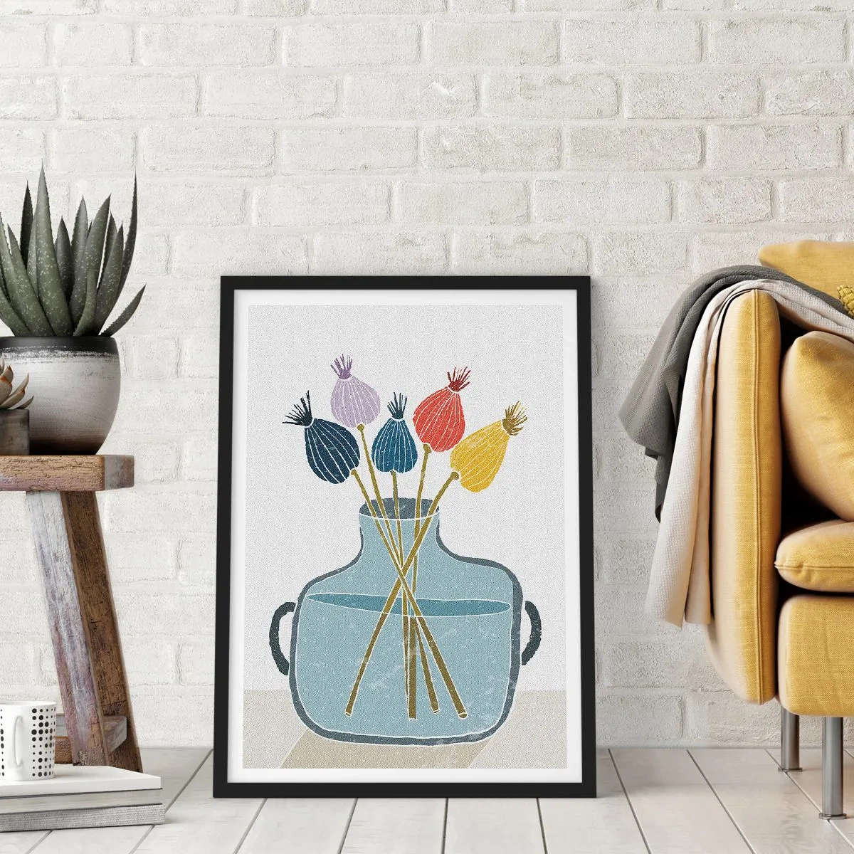 Affisch i svart ram - En minimalistisk komposition av vallmohuvuden i en glasvas - 50x70cm - Vallmovas - Modern väggdekoration för vardagsrum och sovrum ARTTOR