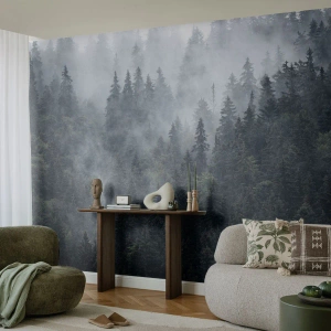 Fototapet Standard Eco - En dimmig barrskog i en mystisk miljö - 100x70cm - Gryning i skogen - Modern väggdekoration för vardagsrum och sovrum ARTTOR