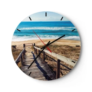 Väggklocka - Klocka på glas - En träbrygga leder till en sandstrand vid det blå havet - 30x30cm - Spring! - Modern väggdekoration för vardagsrum, kök och sovrum ARTTOR
