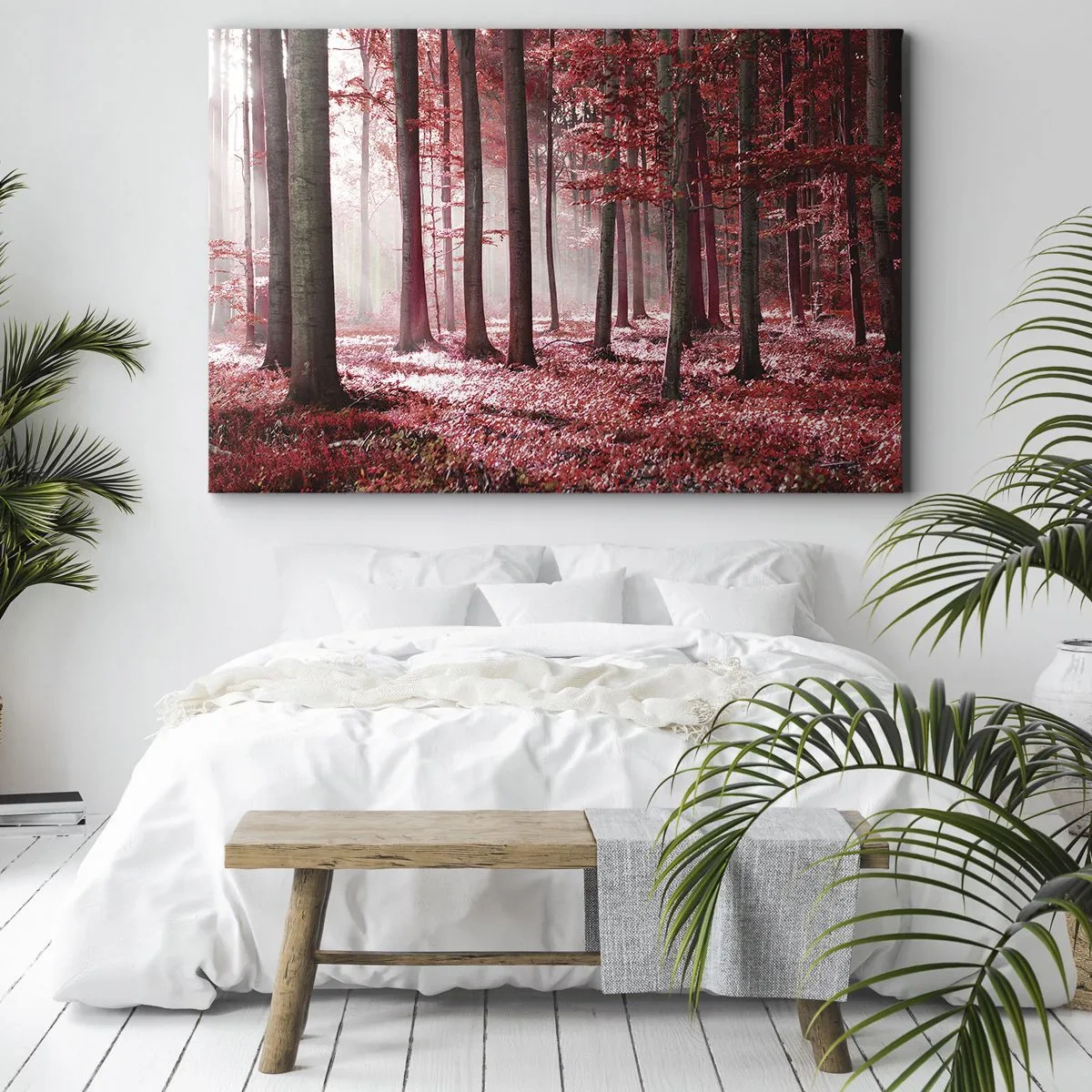 Canvastavla - Bild på duk - En fantastisk skog i röda nyanser med ljusstrålar som tränger igenom träden - 70x50cm - Röd är lika vacker - Modern väggdekoration för vardagsrum och sovrum ARTTOR