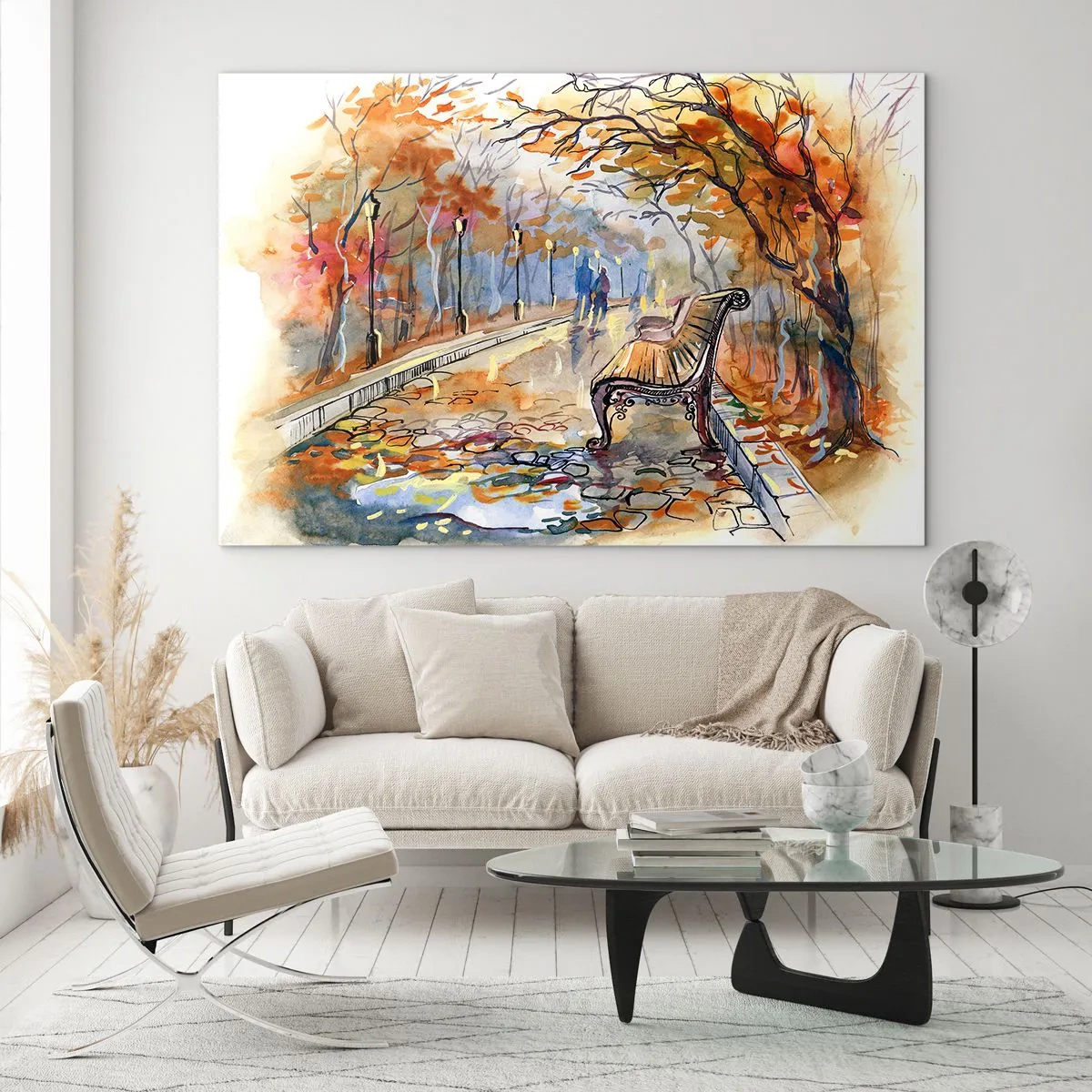 Glastavla - Bild på glas - En höstgränd med en bänk i konstnärlig akvarellstil - 70x50cm - Vandra tillsammans mot hösten - Modern väggdekoration för vardagsrum och sovrum ARTTOR