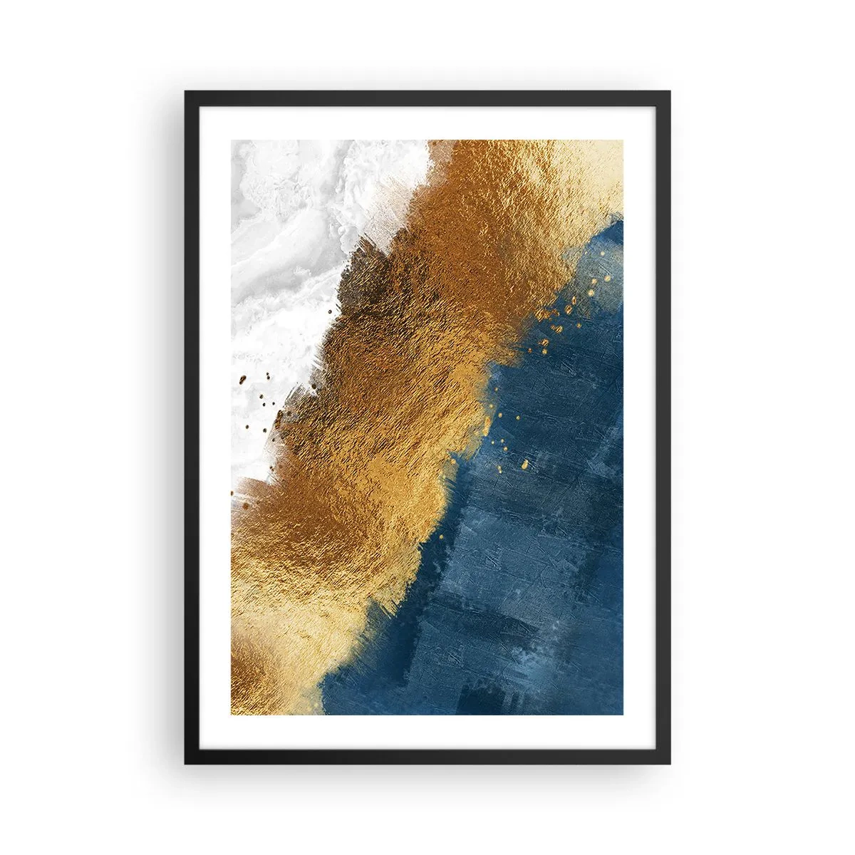 Affisch i svart ram - En abstrakt komposition av guld, marinblått och vitt - 50x70cm - Sommarens färger - Modern väggdekoration för vardagsrum och sovrum ARTTOR