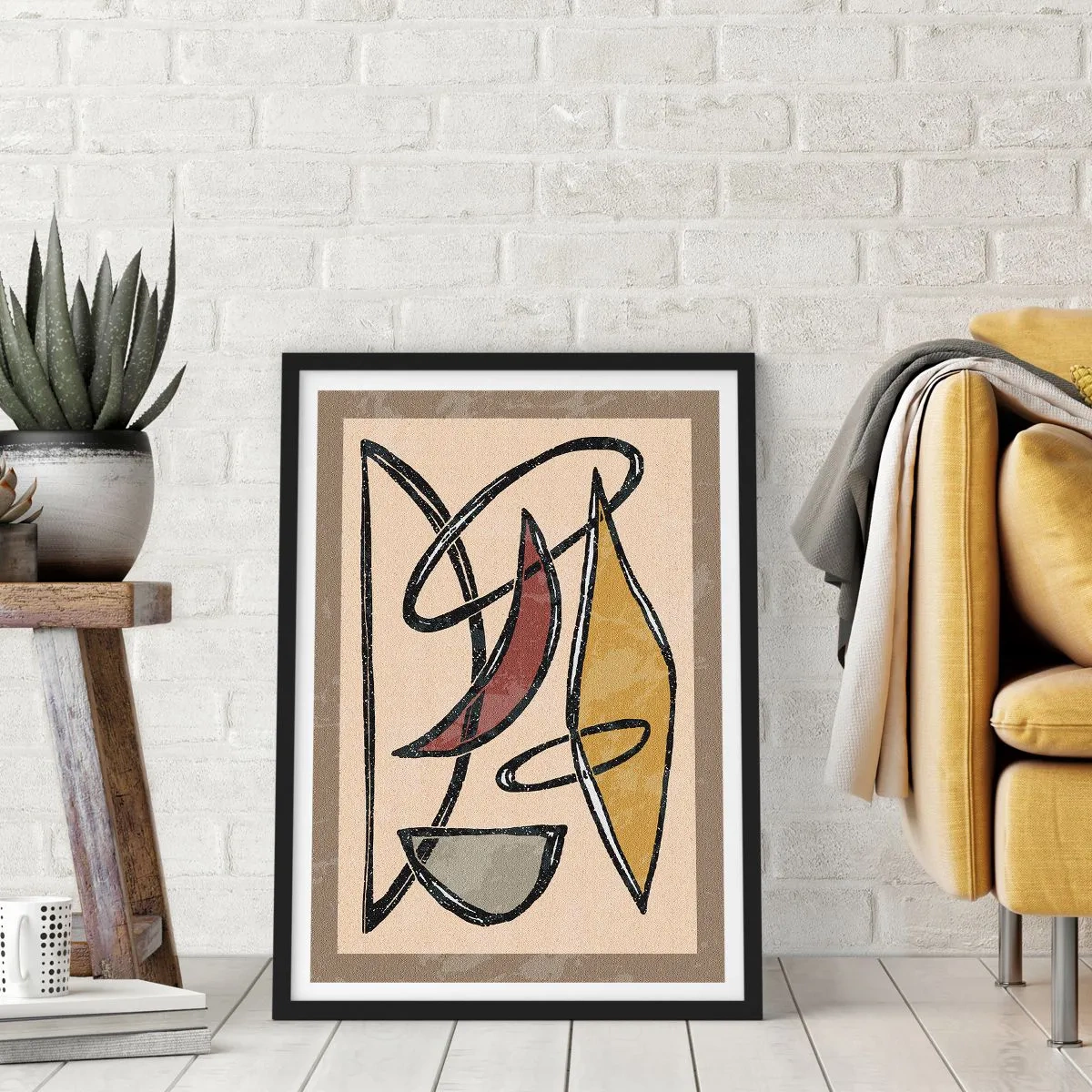 Affisch i svart ram - Abstrakt geometrisk komposition i nyanser av beige och svart - 50x70cm - Komposition - bågar och ovaler - Modern väggdekoration för vardagsrum och sovrum ARTTOR